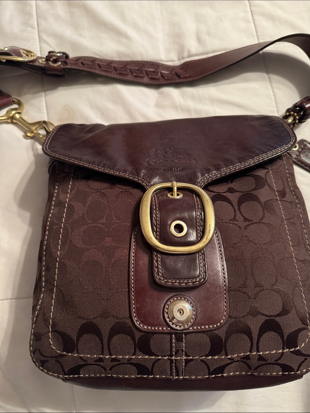 Coach Chocolate Brown Signature Canvas Crossbody Bag with Leather Trim